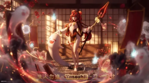 Crimson-haired Hu Tao 1/6 Genshin Impact figure statue in a glossy swimsuit holds her staff amid floating ghosts, petals, and warm lantern light.