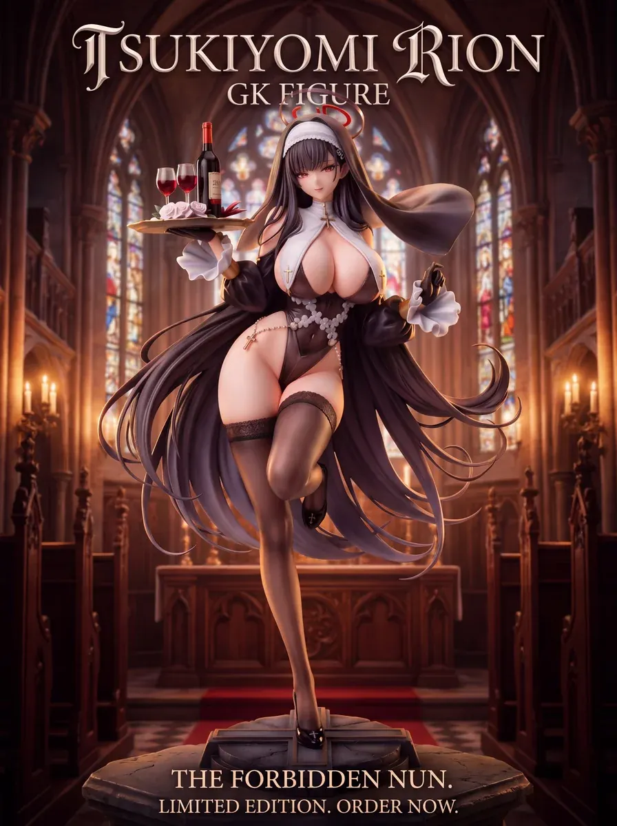 Limited dual-scale Tsukiyomi Rion GK figure as forbidden nun in gothic church with stained glass, wine tray, black hair, cross halo.