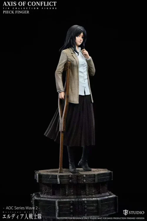 "Detailed gallery of JR Studio's premium 1/4 scale Pieck Finger Attack on Titan statue. View her dynamic pose, militaristic attire, and war-torn base."
