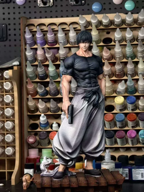 This limited 66-piece 1/6 Toji Fushiguro statue by HW Studio shows his muscular black-shirt sculpt, gun, white hakama, and wooden base.