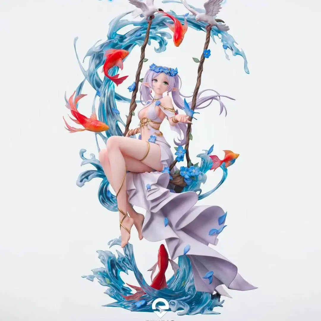 This limited 108 Frieren Water Spirit Ver. 1/6 figure by EVE Studio sits on a swing amid sculpted ocean waves, koi, and blue blossoms.
