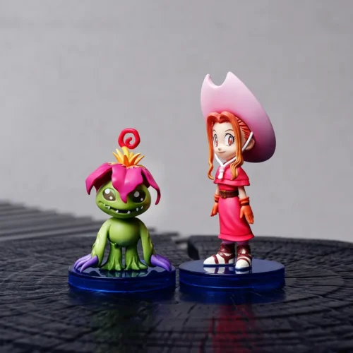Mimi Tachikawa and Palmon Digimon statue by MDS Studio, a vibrant pink and green duo on clear blue bases for a playful display.