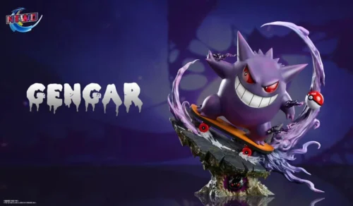 Limited 50-unit Gengar figure skateboarding on a rocky base with purple ghostly swirls and a Poke Ball.