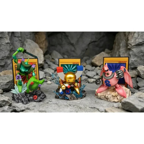 "Premium Wasp Studio Yu-Gi-Oh! Magnet Warrior Alpha Beta Gamma statue, dynamically posed with iconic detachable replica cards."
