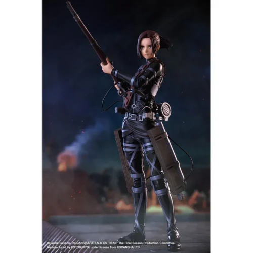 "Premium Kotobukiya Sasha Blouse Attack on Titan figure, dynamically posed, revealing intricate sculpted details and combat spirit."