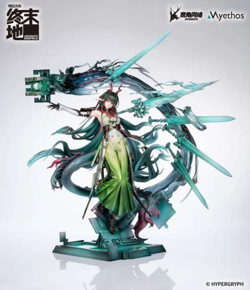 "Official Myethos 1/7 scale Zhuang Fangyi statue from Arknights: Endfield, featuring her dynamic pose, intricate futuristic attire, and elegant staff."
