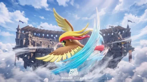1/20 scale Pidgeot figure by MXS Studio dives through translucent blue wind above clouds, wings spread in a dynamic flight sculpt.