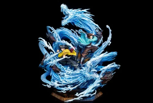 Premium 1/6 Tanjiro and Giyu Demon Slayer statue by Leihao Keyu Studio with LED-lit blue water dragons and dynamic duo pose.