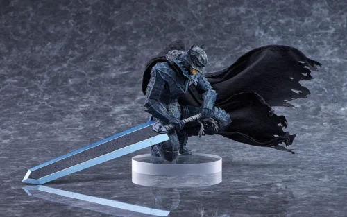 Guts Berserker Armor statue from the Berserk POP UP PARADE SP figure set, kneeling with massive sword and tattered black cape, 30cm detail.