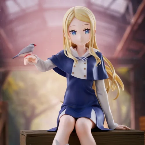 Sasaki and Peeps Elsa statue by Kotobukiya, blonde girl in navy sailor dress seated on a wooden crate with a Java sparrow perched on her hand.