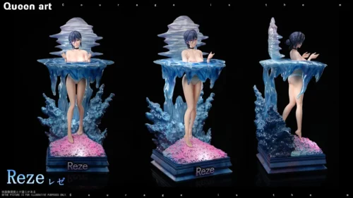 Reze Chainsaw Man figure by Queen Art Studio, multiple angles reveal dual water-merged and full-body display on a translucent pink floral base.