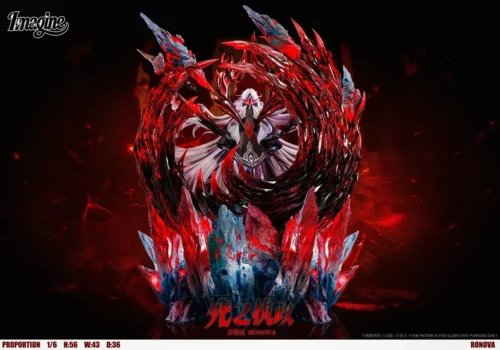 This Ronova Genshin figure is a 1/6 resin statue with LED-lit crimson crystal wings and a glowing occult rune base.