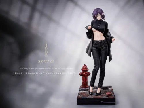 Premium 1/6 and 1/4 Reze Chainsaw Man resin statue in leather jacket on urban alley diorama base with hydrant and cola can.