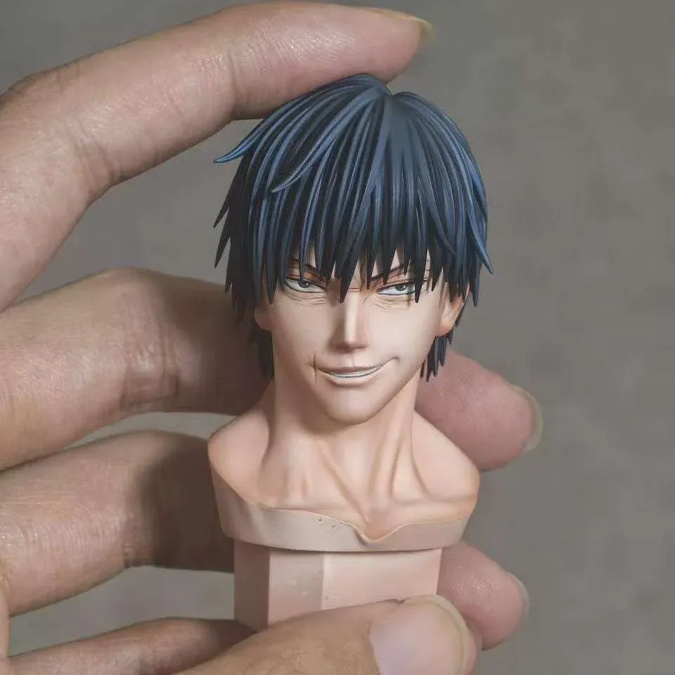 Close-up of the limited 66-piece Toji Fushiguro 1/6 statue head sculpt by HW Studio, showing detailed hair, sharp smirk, and premium finish.