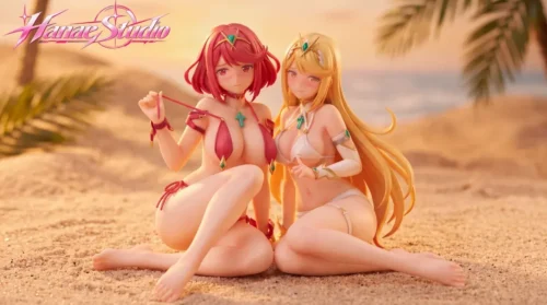 Pyra and Mythra 1/6 swimsuit figures with gem accents pose on a sunset beach in this limited 88-piece twin set with bonus rug from Hanae Studio.