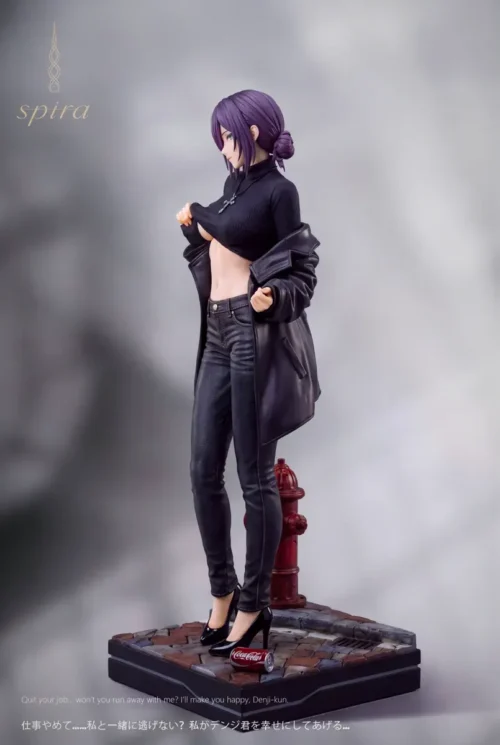 Side view of the Reze Chainsaw Man figure by Spira Studio, showing her leather jacket and detailed street diorama base with hydrant and cola can.