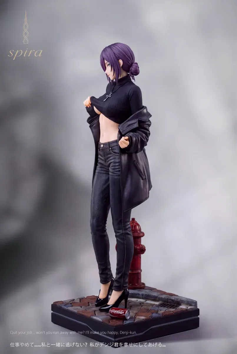 Side view of the Reze Chainsaw Man figure by Spira Studio, showing her leather jacket and detailed street diorama base with hydrant and cola can.