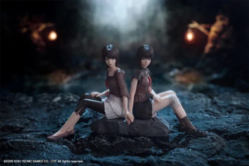 Kotobukiya Fatal Frame II statue of Mio and Mayu Amakura seated back-to-back on dark rock in an eerie cave, evoking the Zero Crimson Butterfly figure.