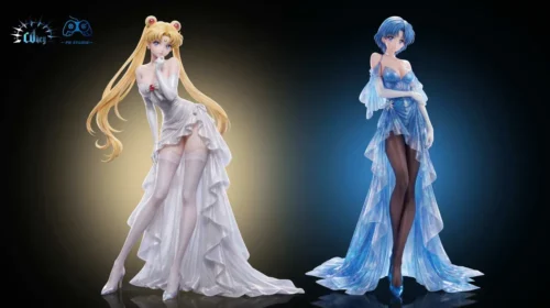 Sailor Moon 1/6 figure duo Usagi and Ami in moonlit ruffled white and sapphire ball gowns, limited 128-piece all-PU couture sculpts.