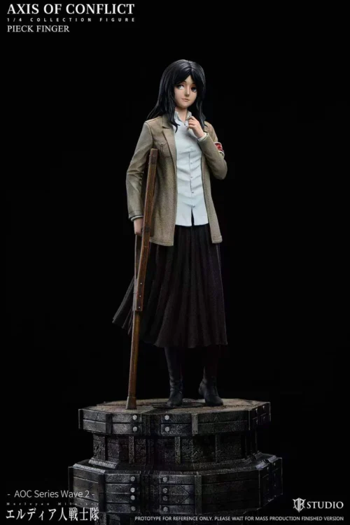 "Limited 1/4 scale Pieck Finger Attack on Titan statue. Features a highly detailed, dynamic pose, militaristic attire, and war-torn base."