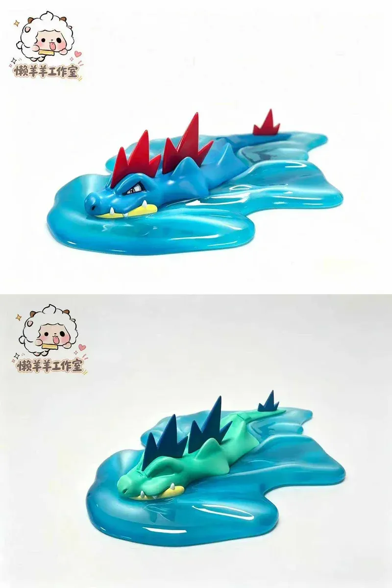 "Premium 1/20 Feraligatr Figure, a dynamic water-type diorama by Lazy Goat Studio, fiercely erupting from crashing waves."