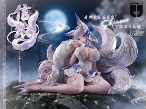 This Azur Lane Shinano 1/6 wedding figure by Hyperion Studio features a moonlit bridal scene with LED ring, white lace, blue roses, and fox tails.