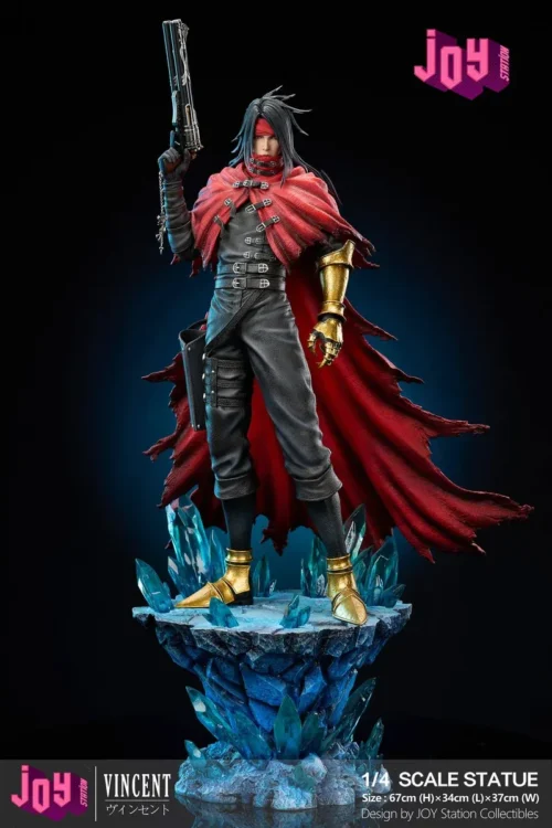 1/4 scale Vincent Valentine statue by Joy Station Studio, limited to 80 pieces, red-caped gunman holds pistol above a glowing blue mako crystal base."