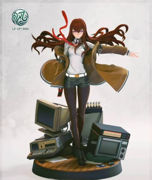 "Premium Limited Edition Makise Kurisu Steins;Gate resin statue, showcasing her dynamic brilliant scientist pose on an intricate sci-fi base."