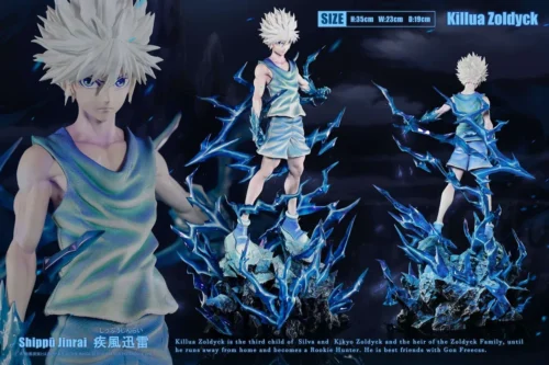 "Dynamic 1/6 Killua Zoldyck Hunter x Hunter statue. Electrifying action pose with powerful energy effects on a rocky base, a premium collectible."