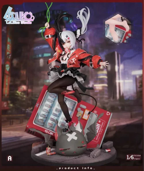 Monochrome-haired NTE Requiem figure by Lolikoo Studio sits on a red vending machine with tomato juice, interchangeable legs, and bonus acrylic stand.
