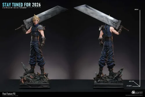 "Premium 1/4 scale Cloud Strife statue from Final Fantasy VII, expertly sculpted in a dynamic battle pose, wielding his iconic Buster Sword."