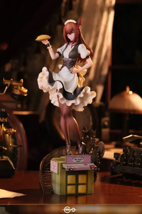 Limited 99 1/6 Makise Kurisu figure in MayQueen maid dress, holding a pie atop a steampunk gear and spiral staircase resin base.