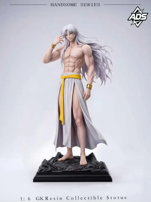 Artistic Sesshomaru resin statue from Inuyasha with silver hair, bare muscular torso, white slit robe, yellow sash, and rocky base.
