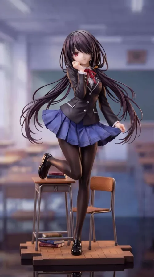 This limited 88-piece Kurumi Tokisaki figure statue stands in a school uniform on a classroom desk diorama with flowing hair and blue skirt.