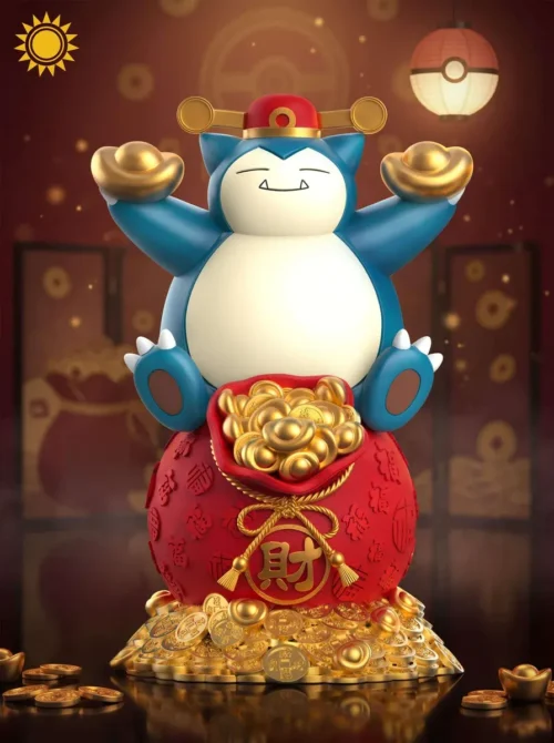 Lucky Snorlax Fortune Figure by Sun Studio lifts gold ingots above a coin mound, wearing a red fortune sash on this Fortune Bag Pokemon resin statue.