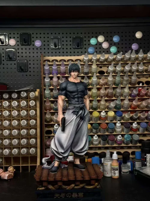 Premium 1/6 Toji Fushiguro statue from Jujutsu Kaisen, muscular in black shirt and white hakama with gun on wooden base, limited to 66 pieces.
