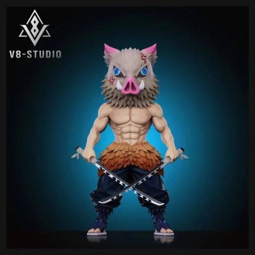 Inosuke Hashibira Demon Slayer statue by V8 Studio features a feral dual-sword pose, chibi proportions, and a swappable boar head.
