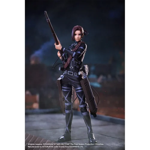 "Premium Kotobukiya Sasha Blouse Attack on Titan figure in a dynamic combat pose, capturing her fierce spirit on a detailed rubble base."