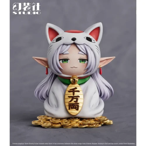 Frieren Turbo Granny figure crossover: chibi elf mage in a white lucky-cat hood sits on a pile of gold coins, playful Dandadan resin statue."
