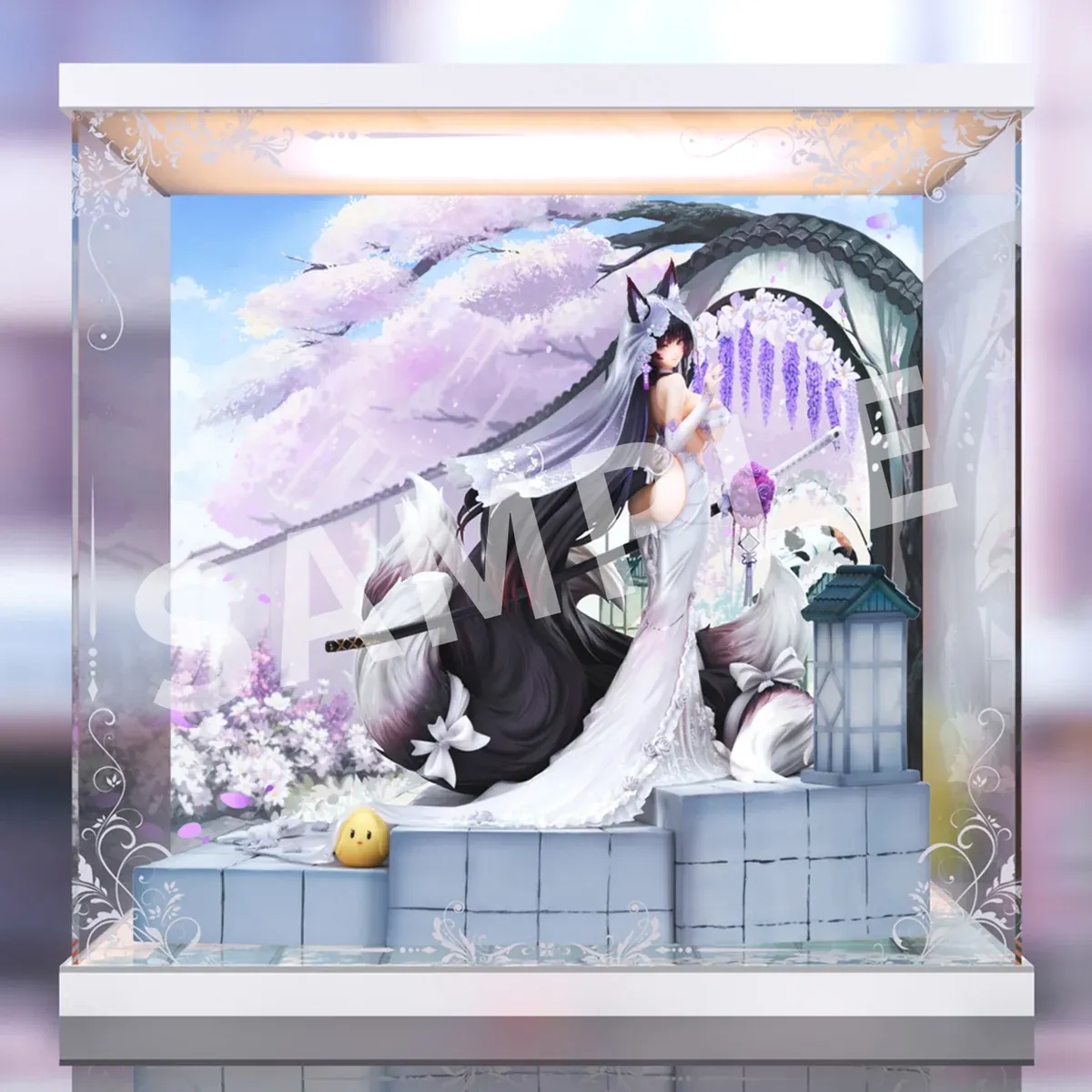"Premium acrylic display case with integrated LED lighting, elegantly illuminating the official 1/7 Azur Lane Kroos Wisteria Heart statue."