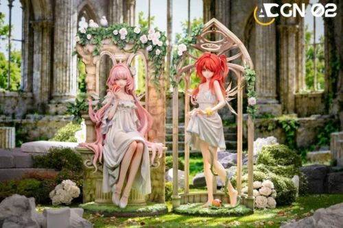 "Elegant 1/7 Lemuen & Lemuel Arknights resin statue, a limited edition masterpiece, captured in dynamic poses amidst intricate natural details."