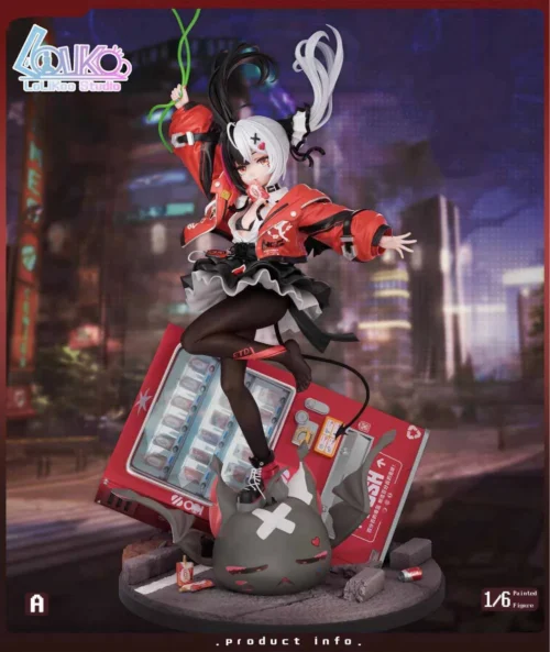 1/6 NTE Requiem figure by Lolikoo: playful monochrome-haired girl, tomato juice, red vending machine, interchangeable legs, bonus acrylic stand.