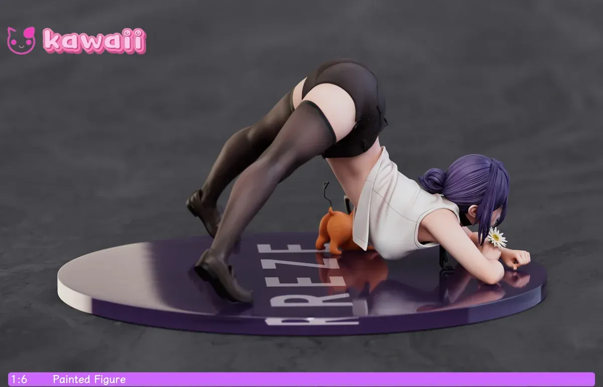 Premium 1/6 Chainsaw Man Reze Jack-O Pose statue, capturing vibrant, dynamic sculpture details and alluring craftsmanship from various angles with Pochita.
