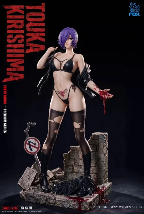 "Exquisite 1/6 Touka Kirishima Tokyo Ghoul figure, showcasing dynamic combat pose, ethereal Kagune, and premium sculpted details."