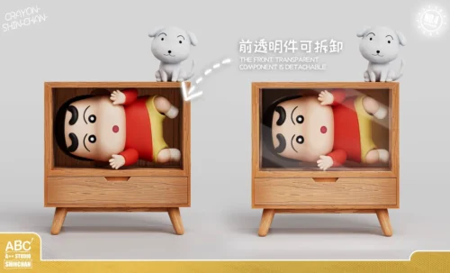 "Limited Edition Crayon Shin-chan figure gallery. Humorous resin statue comically trapped in a cabinet, showcasing playful mischief and intricate."