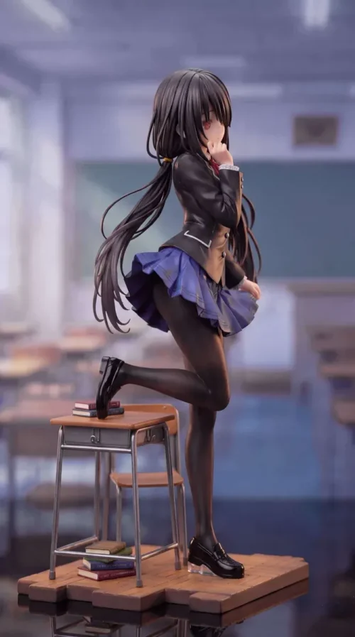Side view of the limited 88-piece 1/6 Kurumi Tokisaki Date A Live school uniform figure on a classroom desk diorama with flowing hair and blue skirt.