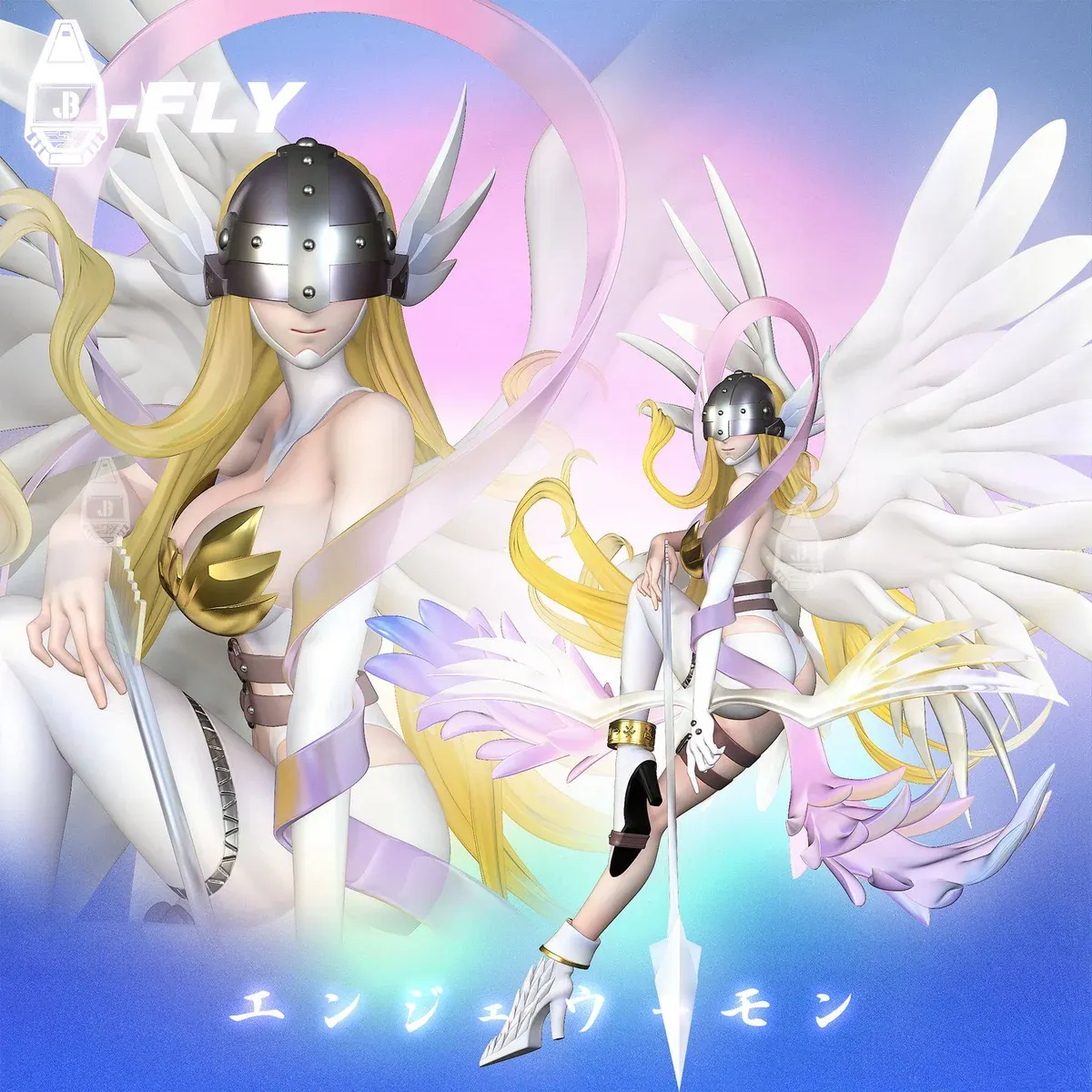 "Angewomon & Kari Kamiya Digimon Adventure resin statue. Dynamic angelic warrior with ethereal wings and premium finish, shown in detail."