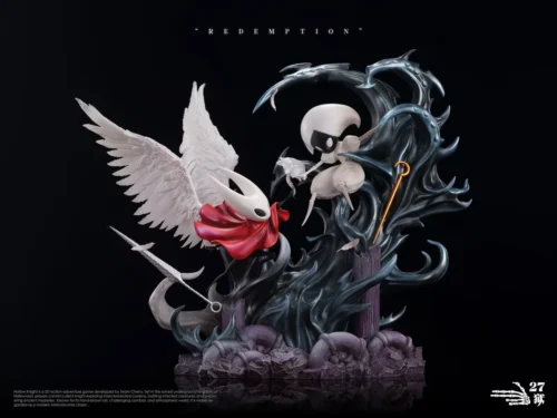 "Hollow Knight Statue. The Knight's dynamic pose, glowing wings, and intricate Hallownest base from multiple angles, capturing dark fantasy."
