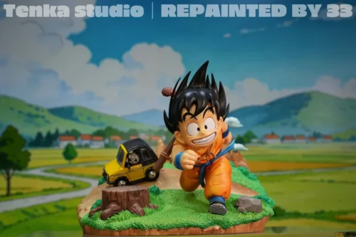 "Limited Edition Tenka Studio Kid Goku Dragon Ball statue in a vibrant, dynamic running pose with Power Pole, showcasing classic anime aesthetic."
