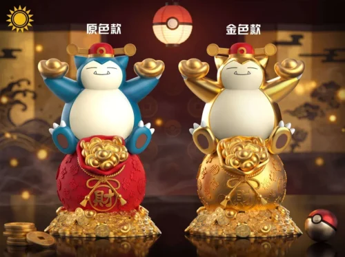 Snorlax Fortune Figure in two finishes, lifting gold ingots above a coin mound with a red fortune sash and lucky bag.